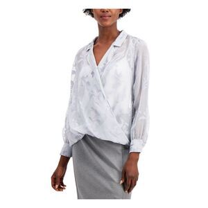 ALFANI Womens Gray Floral Long Sleeve V Neck Blouse Size: XL